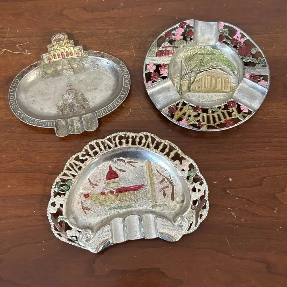 Vintage Souvenir Ashtrays Metal Painted Canada Washington DC Virginia JAPAN Lot